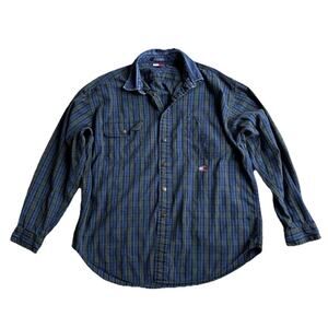 Vintage 90s Tommy Hilfiger Jeans Plaid with Denim Collar Shirt Size XL Green